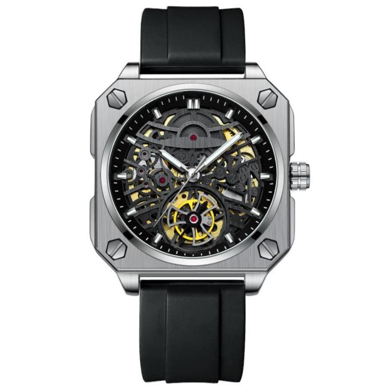 

BINBOND Модные квадратные мужские часы с выемкой, скелетон, турбийон, полностью автоматические механические наручные часы, прозрачные водонепроницаемые светящиеся часы жёлтый/серебряный