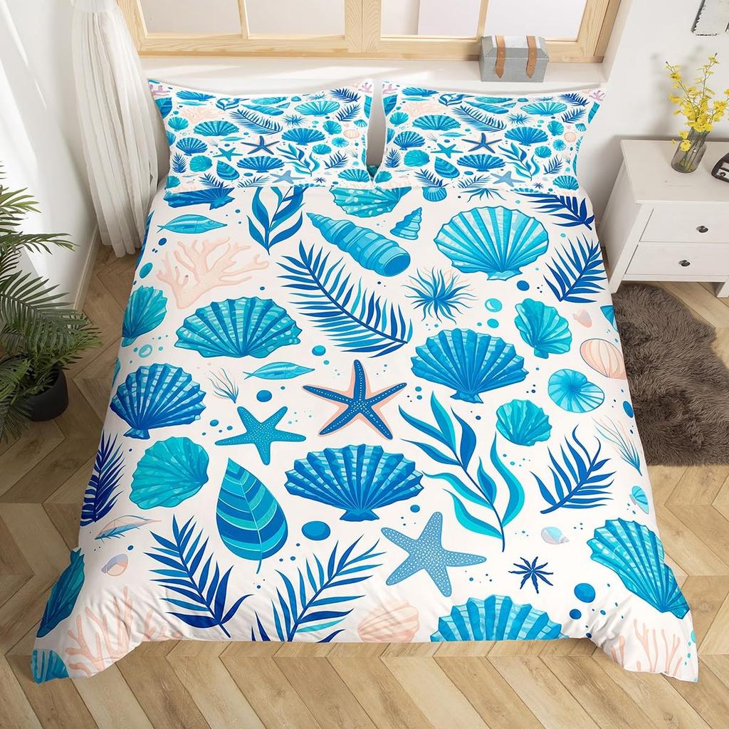 Summer Beach Theme Duvet Cover Twin Queen, Starfish Conch Seashell Bedding Set for Boys Girls Bedroom, Ocean Animal Bed Cover