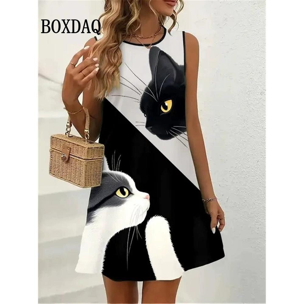 Summer Fashion Cat Pattern 3D Print Dresses Women Casual Sleeveless Flowers Beach Short Dress S