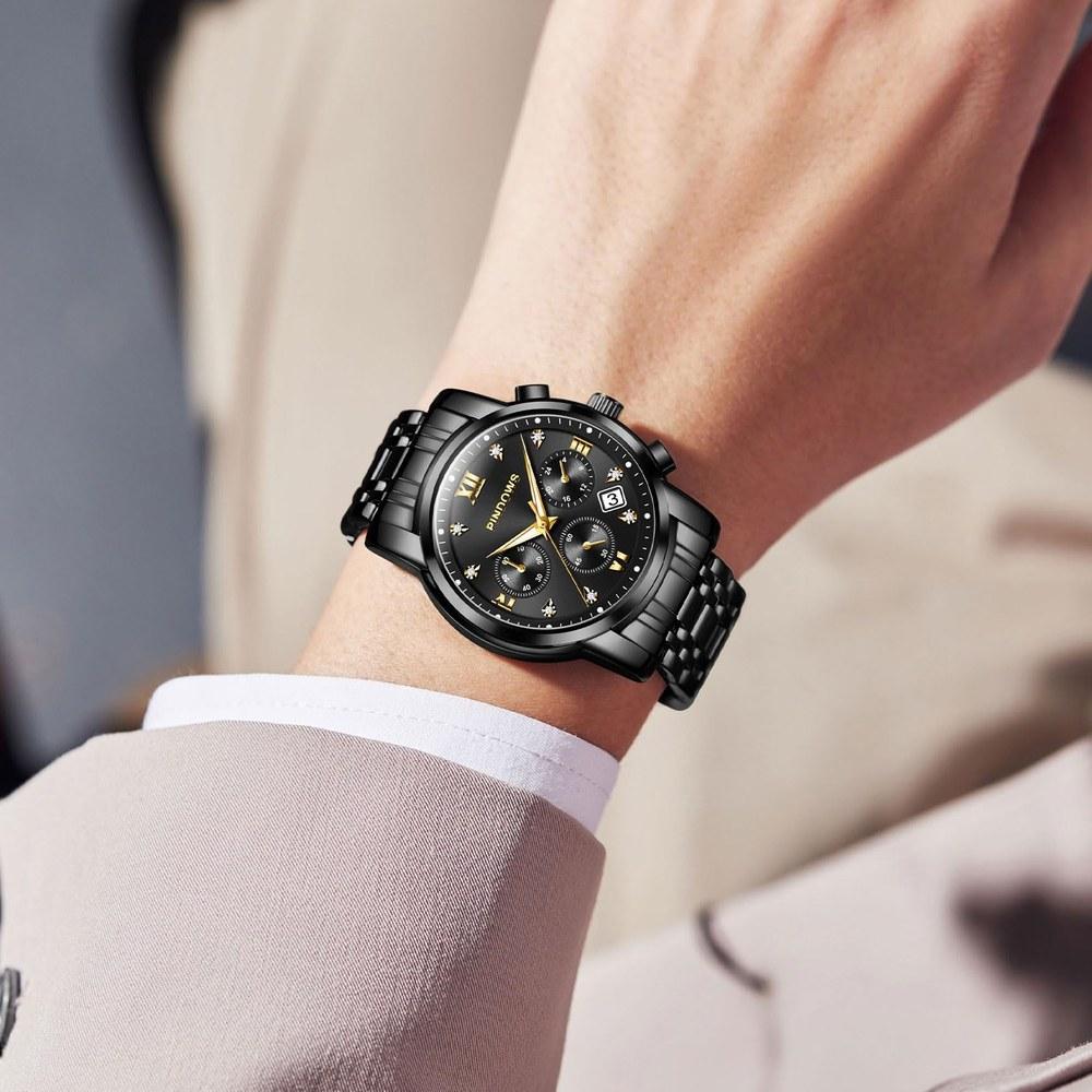 PINDOWS Men's Analog Quartz Watch with Day Date Display Stainless Steel Band Daily Water Resistance