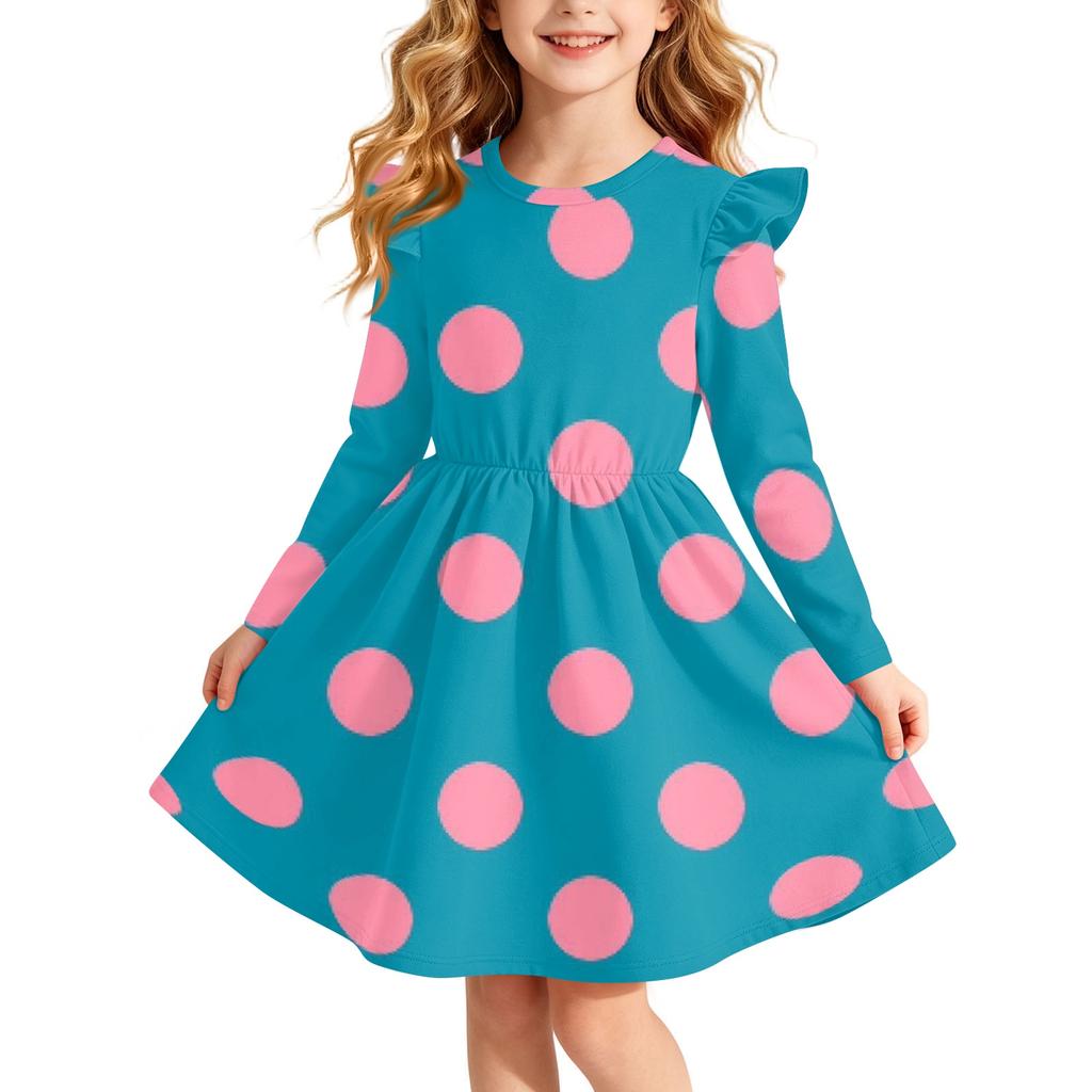 Girls Christmas Print Long Sleeve Dress with Sleeves for Holiday Party and