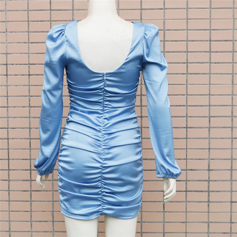 Letní Jednobarevné Slim Shirring Krátké Dámské Módní Nabírané rukávy Čtvercový límec Dámské Sexy minišaty