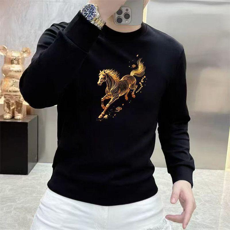 Men's Korean Style Year of the Horse Red Coral Fleece Hoodie, Thickened, Loose Fit, Pure Cotton, Round Neck, Autumn/Winter