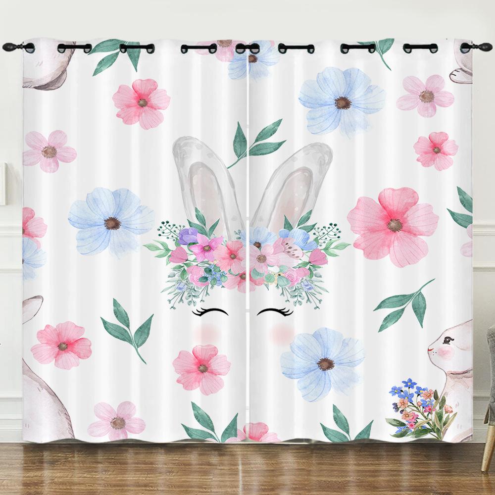 Curtain Illustration Rabbit 3D Digital Printing Blackout Curtain Perforated Curtain 2pcs*97cm*114cm*2
