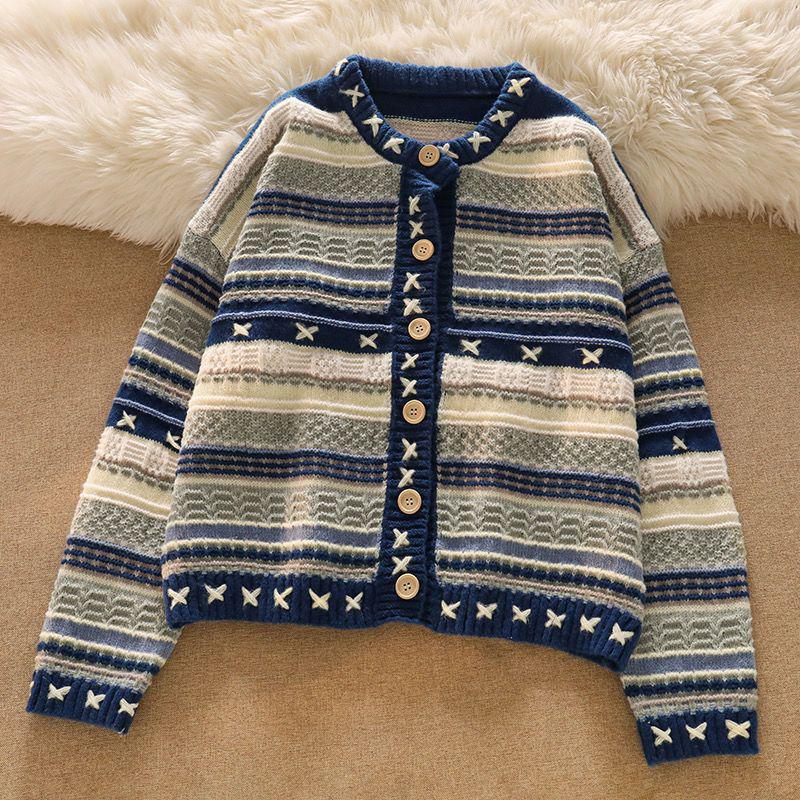 Chic Women's Vintage Color Block Knit Cardigan & High Waist Jeans Set for Autumn/Winter