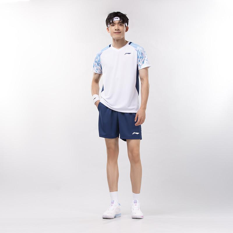Li Ning Badminton Series Color Block Quick-Dry Breathable Training Competition Short Sleeve Shorts Casual Sports Suit Unisex suit AATV077-2