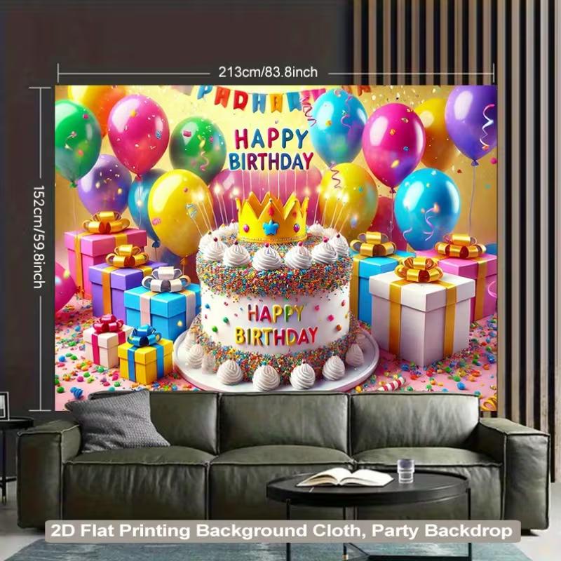 2D Happy Birthday Backdrop Colorful Cake Balloon Photography Background