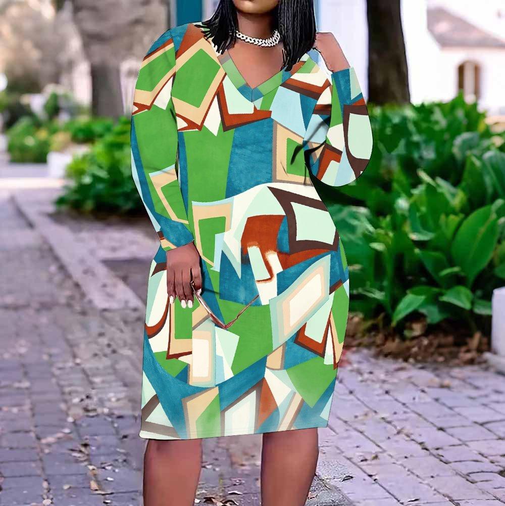 Women Plus Size V Neck Long Sleeve Printed Striped Dress With Pockets