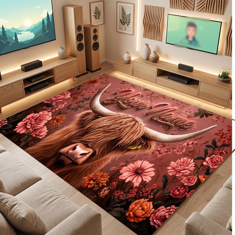 Highland Cow Theme Soft Crystal Velvet Rug Custom Name & Text Print Non Slip Floor Rug for Bedroom Living Room