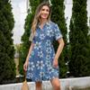 Casual Loose Fit Shirt Dress for Women Button Front Short Sleeve Collared Dress with Printed Hemline Border Design