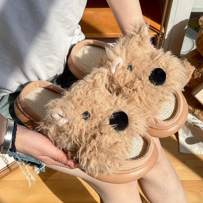 Fashion Women Slippers Cartoon Dog Cute Indoor Linen Casual Slippers Comfortable Platform Spring Autumn 2025 Home Couple Fluffy Slippers