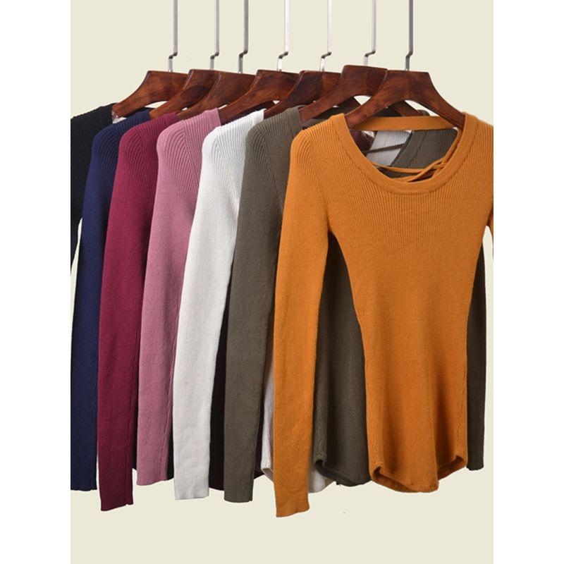 Foreign Trade Original Order Lace-up Slim fit High Elastic Knitted Bottoming Shirt Early Autumn Solid Curved Hem Backless Skin-friendly Pullover