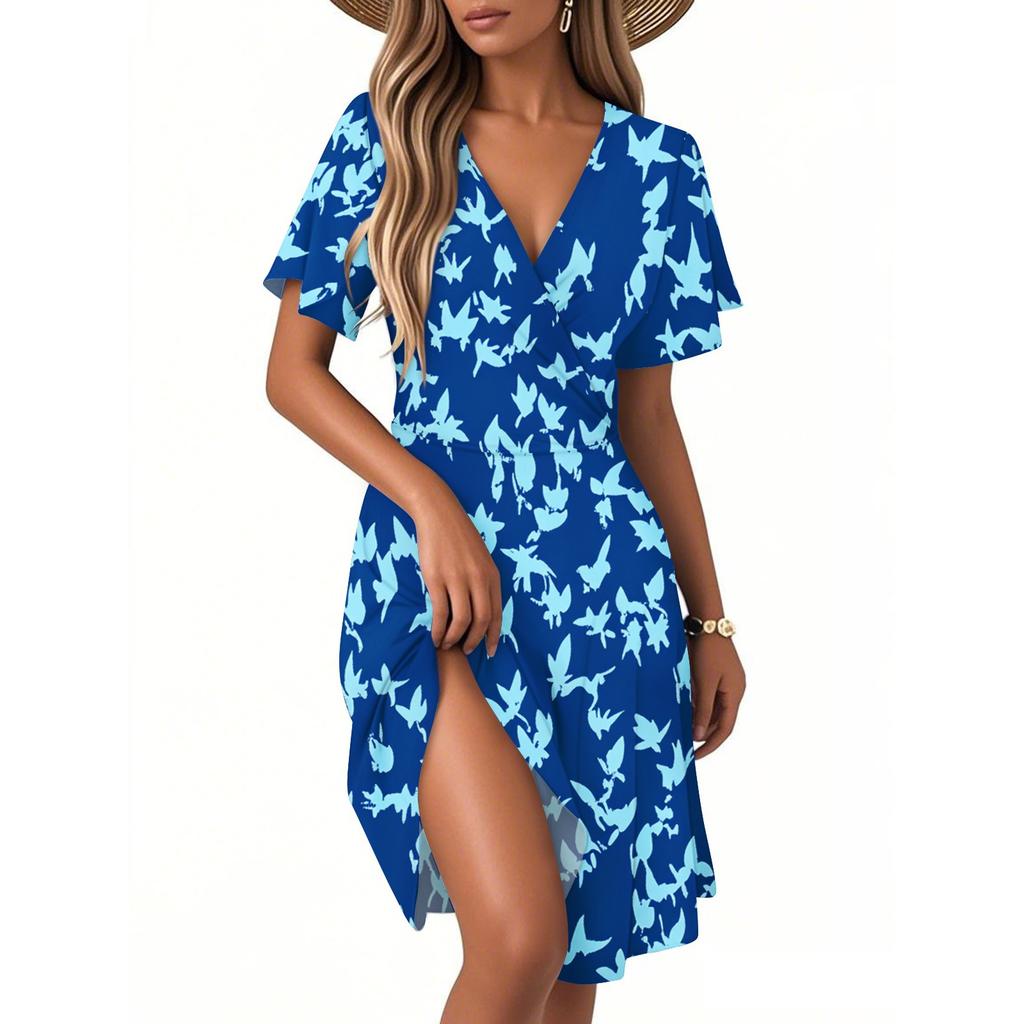Women's Summer Fashion Leaf Print Dress Casual Beach A-line V-neck Loose Sundress