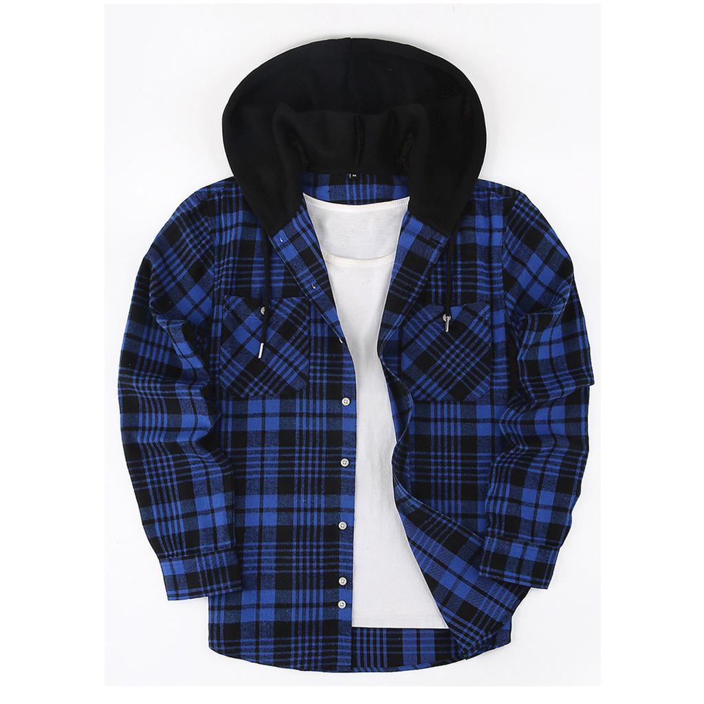 Mens Classic Plaid Long Sleeve Hooded Shirts Multi Pockets Thin Cotton Light Jacket Relaxed Fit Casual Outwear