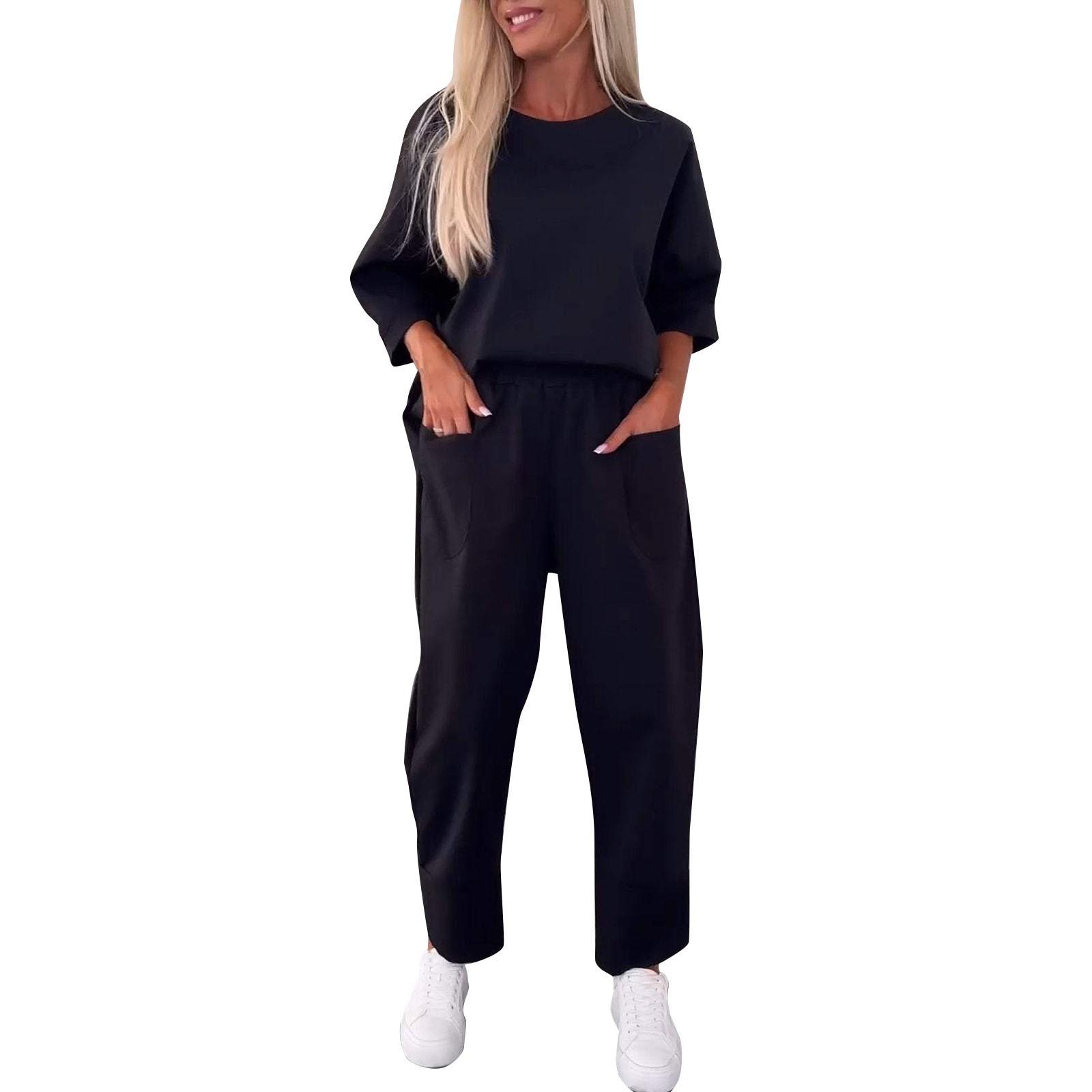 

Женский однотонный повседневный, удобный и свободный комплект из двух частей с круглым вырезом и девятью точками XXXXXL чёрный