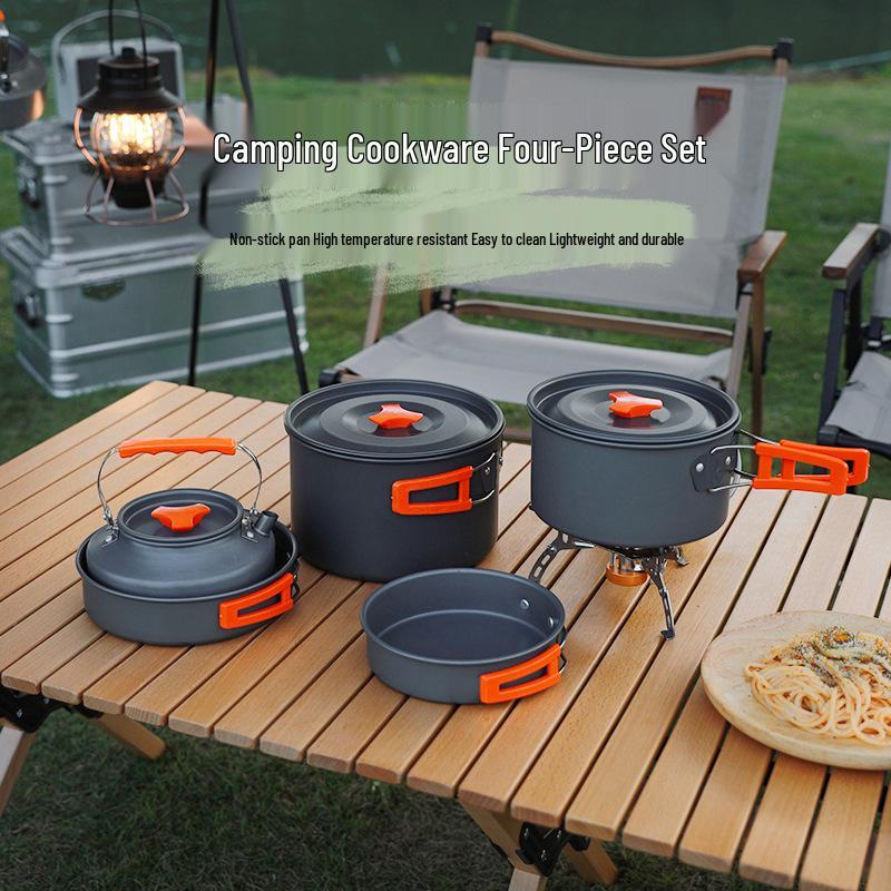 Portable Outdoor Camping Cookware Set: Folding Aluminum Alloy Pots & Kettle