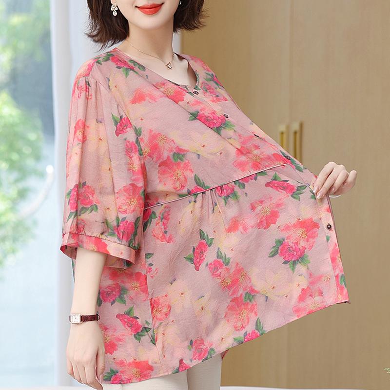 Plus Size 4XL-8XL Summer Casual Blouses Women Tops Loose Vintage Clothes Oversize Half Sleeve Shirt