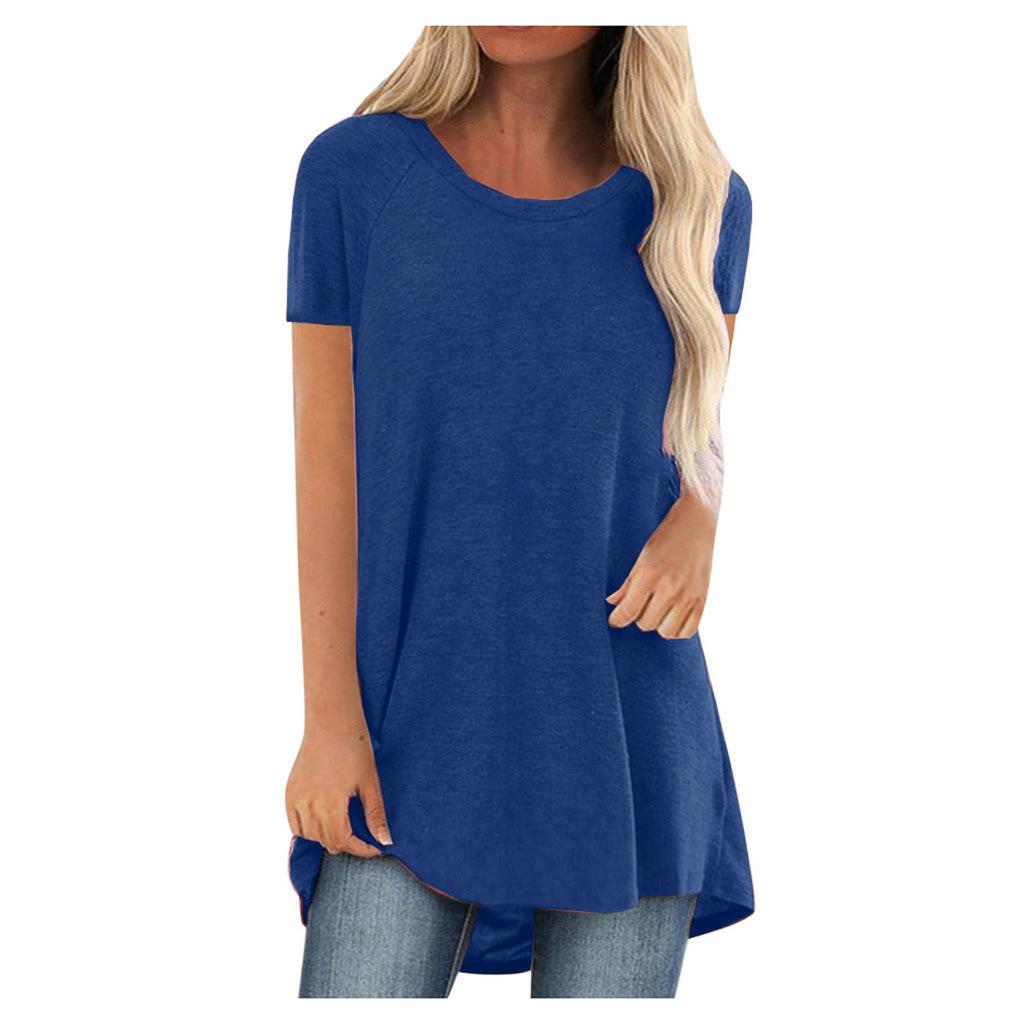 Frauen Mode Plus Größe Rundhals Kurzarm Solide Farben Lange T-shirt Tops