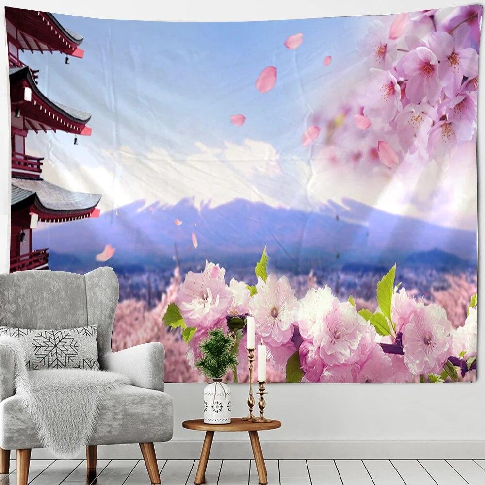 Beautiful Mount Fuji Sakura Pagoda Landscape Wall Hanging Tapestry Decorative Art Suitable for Living Room Room Home Decor
