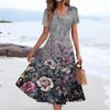 Women's Summer Casual Fashion Print Pocket Short Sleeve V-Neck Swing Dress