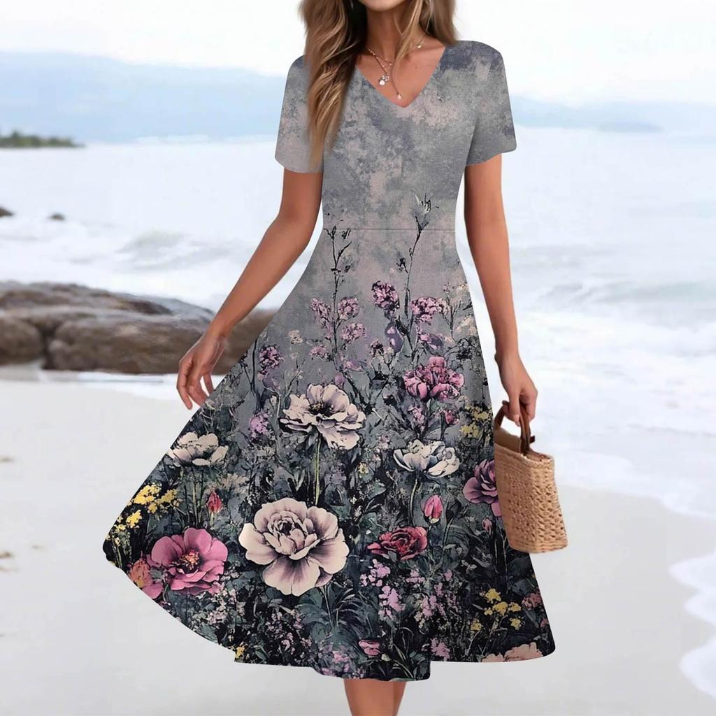 Women's Summer Casual Fashion Print Pocket Short Sleeve V-Neck Swing Dress