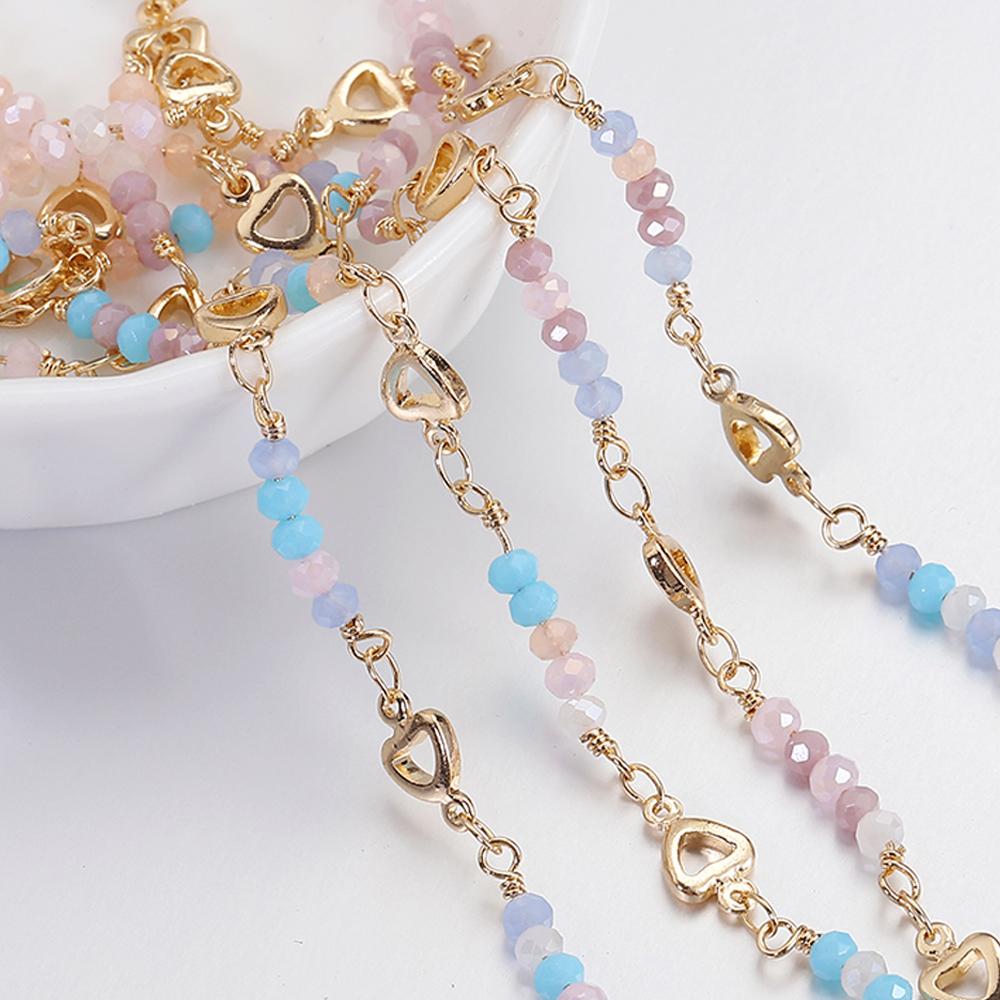 1meter Crystal Beads Chain KC Gold Color Love Heart Beaded Copper Chains for Necklace Bracelet Jewelry Making DIY Components