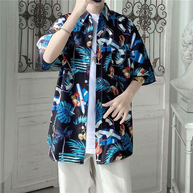Men's Harajuku-Style Retro Floral Short-Sleeve Shirt: Hong Kong Ulzzang Beachwear with Sun Protection, Perfect for Couples.