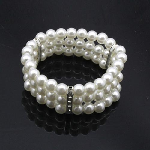 Fashion 3 Rows Faux Pearl Rhinestone Decor Elastic Stretchy Bangle Bracelet