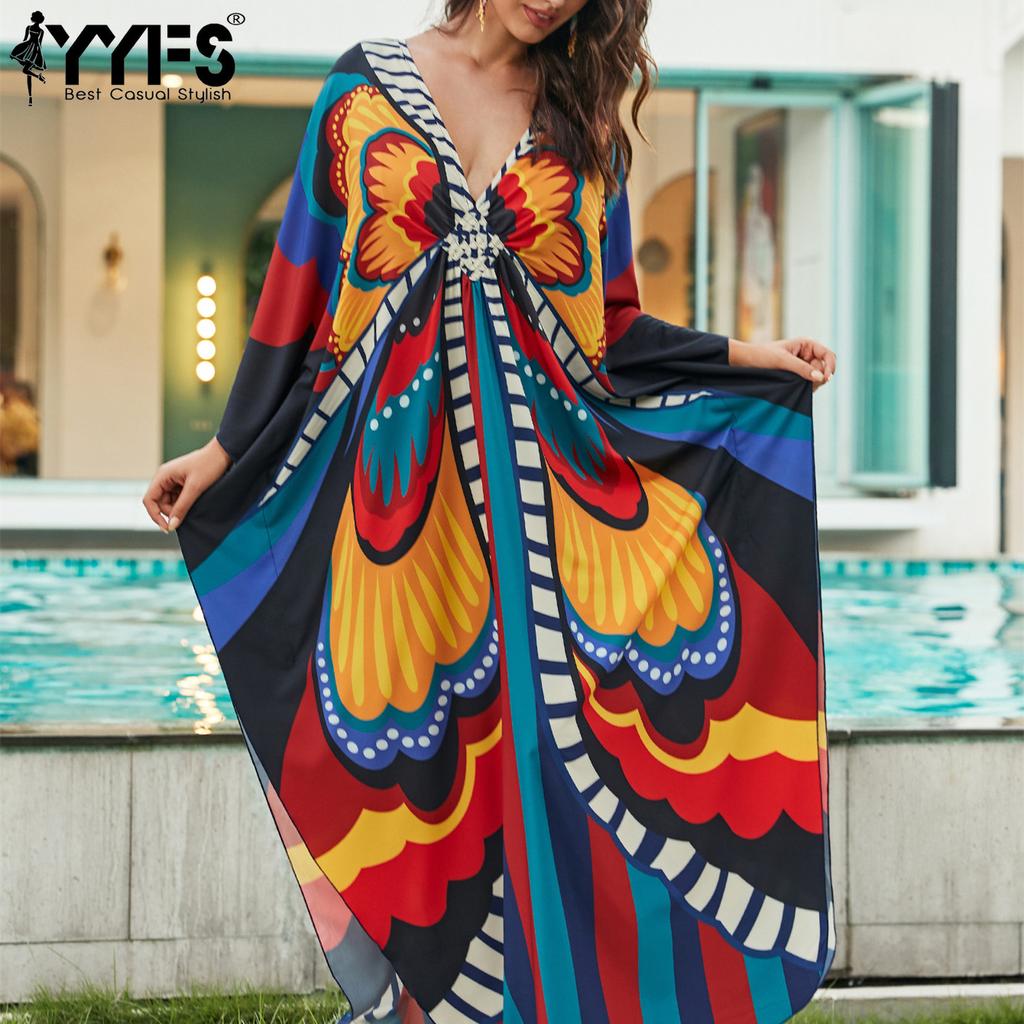 YYFS Damenmode Urlaub Sommer Frühling Mehrfarbig Schmetterlingsdruck Langarm V-Ausschnitt Freizeitkleider