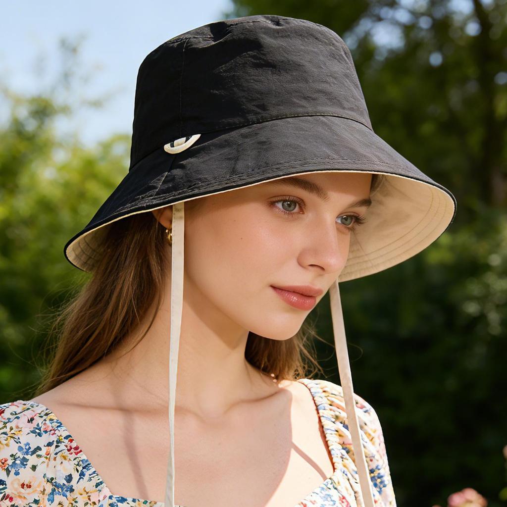 Reversible Bucket Hat with Chin Strap, Sun Protection Windproof Fisherman Cap for Women