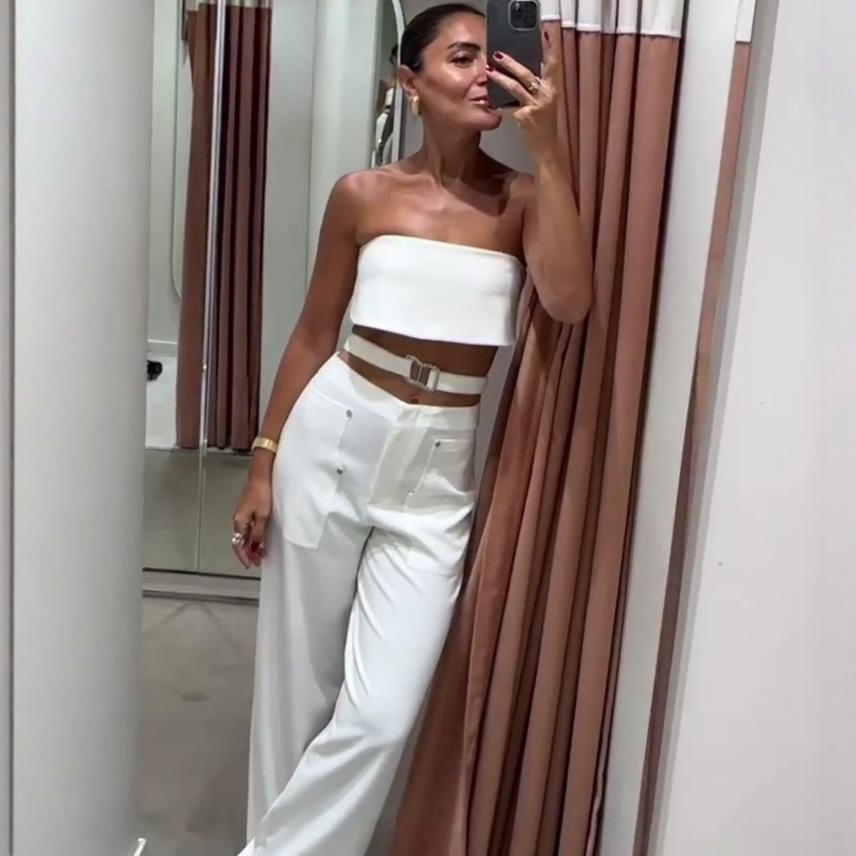 European and American cross-border 2025 summer new tube top halter metal strap sexy top design trousers women s clothing XS