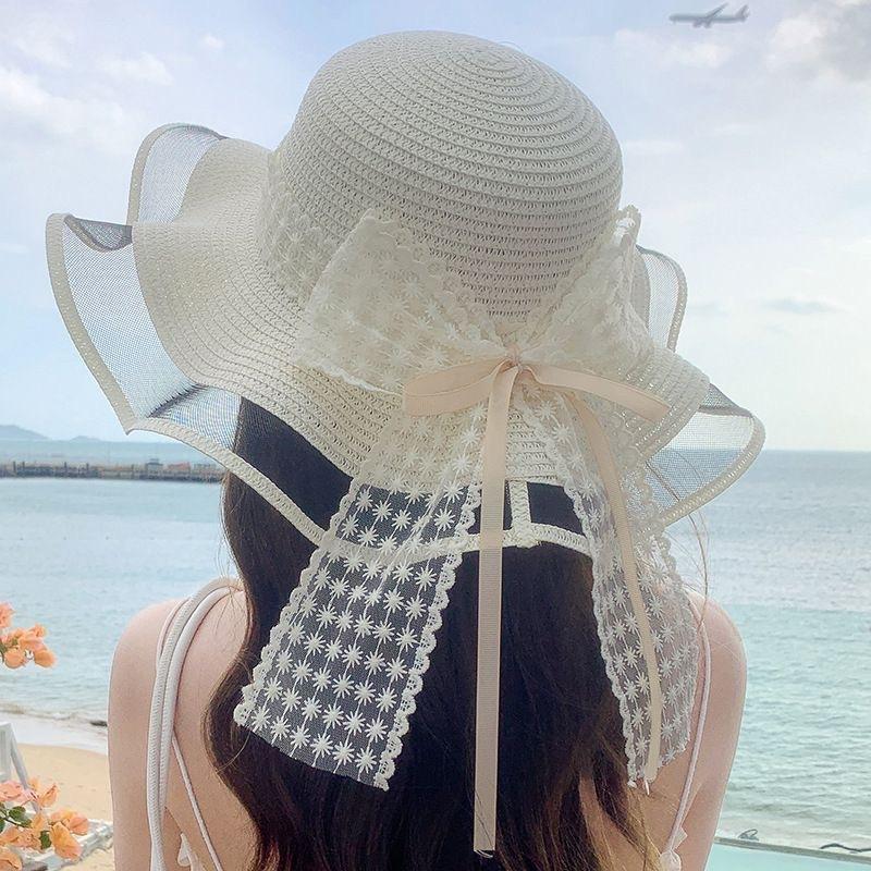 Chapeau de soleil élégant avec nœud en ruban et décoration en paille, style français, à large bord, pour voyage et plage, pour femmes