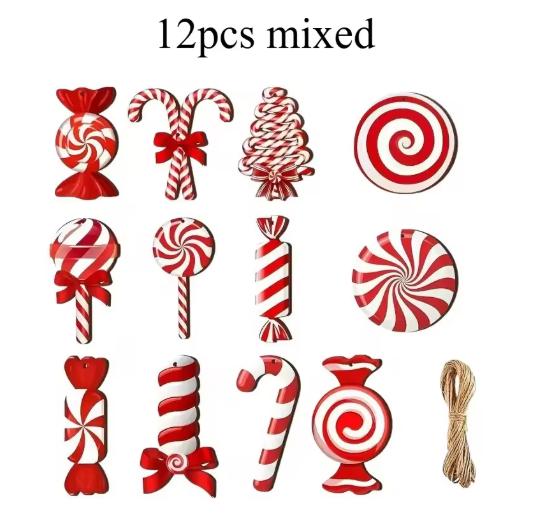 2D Flat,12/24pcs Wood Peppermint Candy Cane Ornaments with Jute Rope - Red White Swirl Suitable for Christmas Tree Decorations