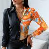 Autumn and Winter Women's Long-sleeved V-neck Colour Blocking Vintage Style Shirt Blouse Tops