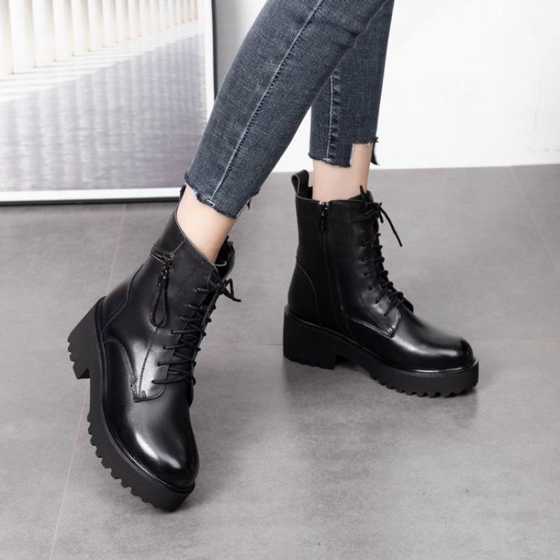 Weiches Leder flauschige Schneestiefel Damen 2025 neu dick Absatz Baumwollstiefel Winter dicksohlige gefütterte verdickte flauschige Baumwollschuhe