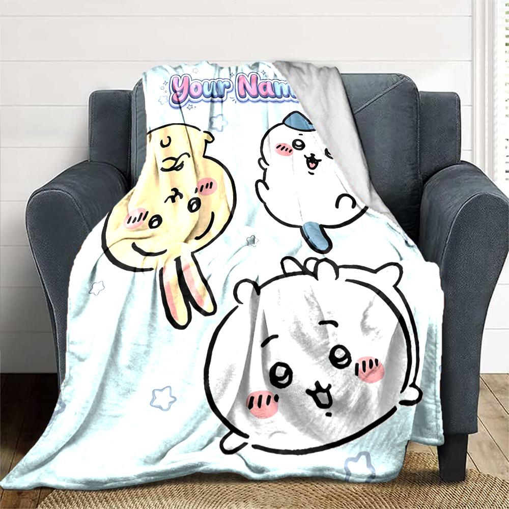 1pc Chiikawa Blanket with Custom Name, Gift, for Men and Women, Soft Blanket, Good for Sofa Bed Couch Travel, Lightweight Flannel Blanket