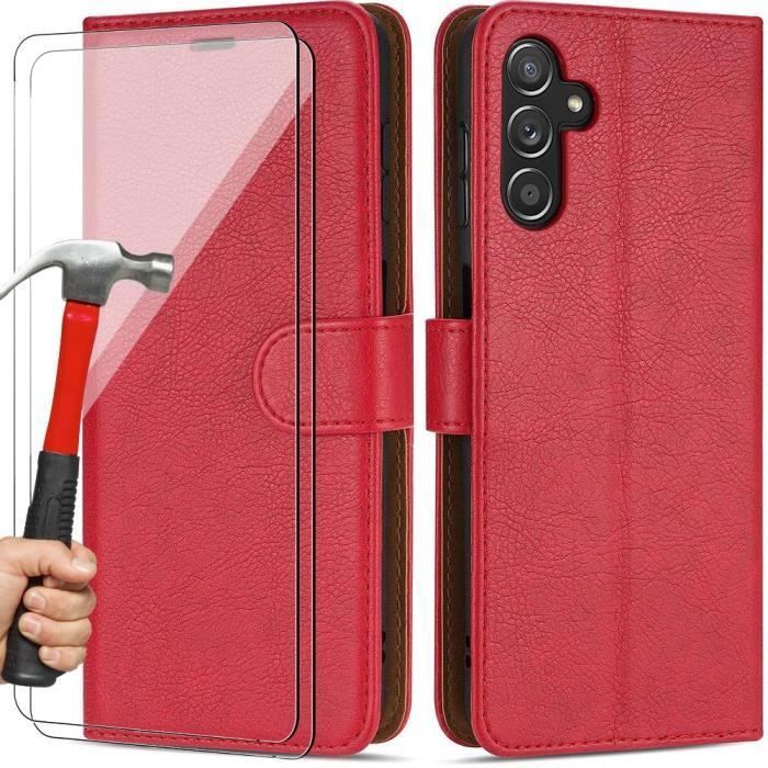 Coque de protection - BOOLING - Samsung Galaxy A14 5G - Rouge - Effet Cuir - 2 verres trempés inclus
