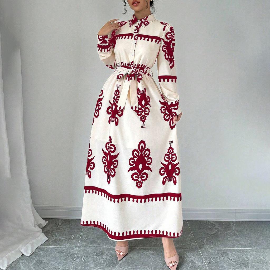 Women's Long Sleeve Lapel Button Printed Bodycon Sexy Nightclub Party Belted Dress