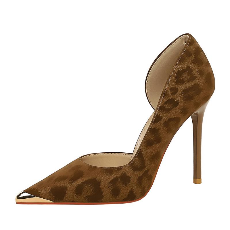 Fashion European American Style Pointed Toe Metal Side Empty Shallow Mouth Single Shoes For Women Leopard Print Slim Heels High Heels