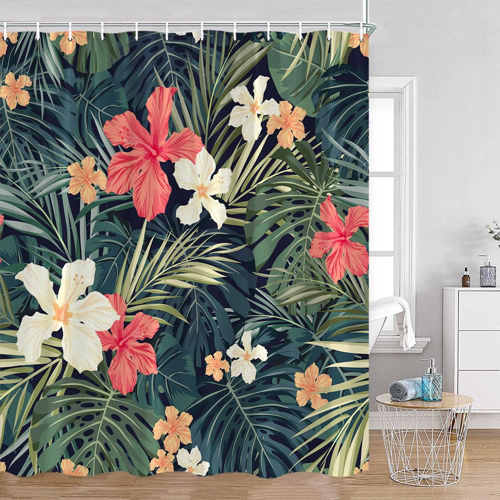 Tropische Blätter Duschvorhang Grünes Blatt Monstera Palmenblumen Floral Badezimmer Vorhänge Grünpflanzen Bad Dekoration Mit Haken