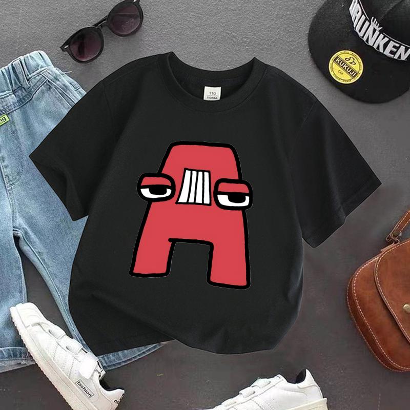 

Футболка с 26 буквами Alphabet Lore Одежда для девочек Детские топы Мультяшные Черная Одежда из бутика Милые футболки с коротким рукавом Подарки на день рождения 110