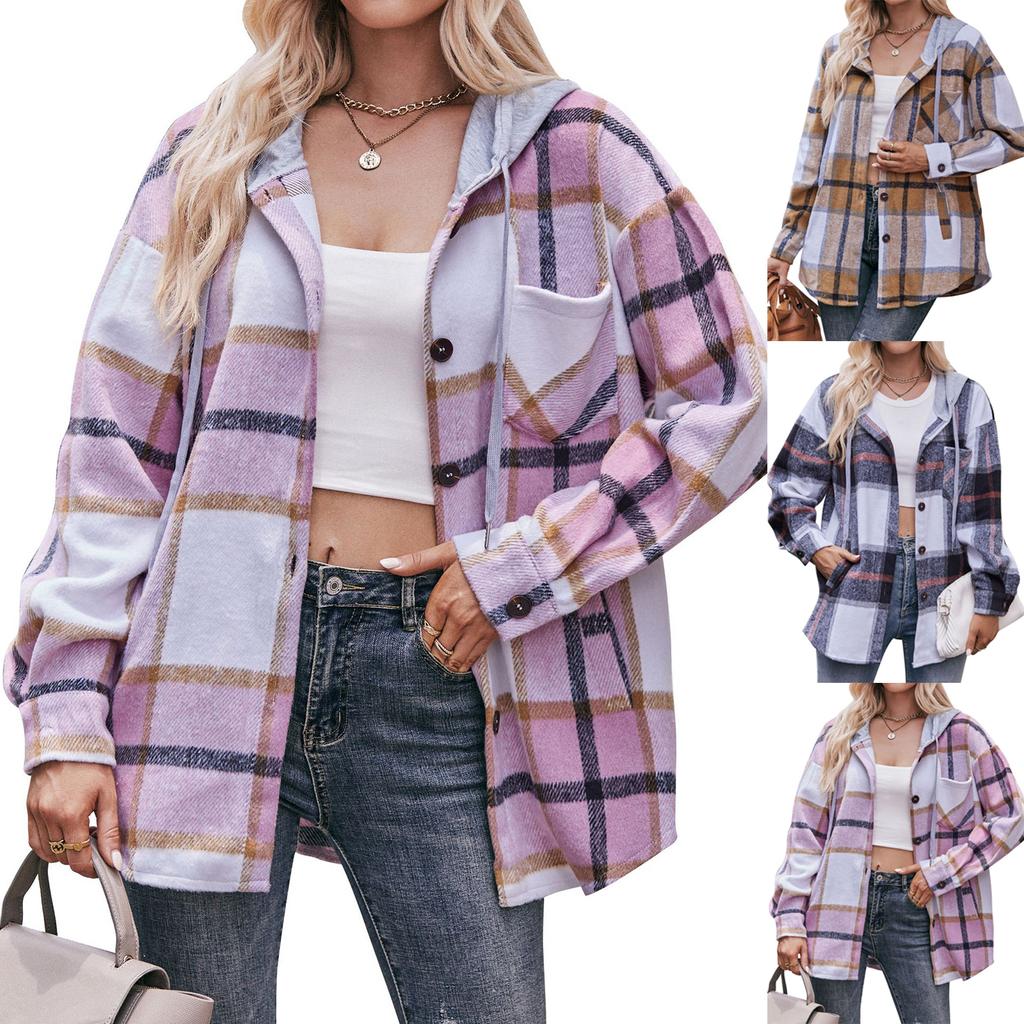 Women's Fashion Plaid Long Sleeved Button Up Hooded Pocket Drawstring Casual Shirt Jacket