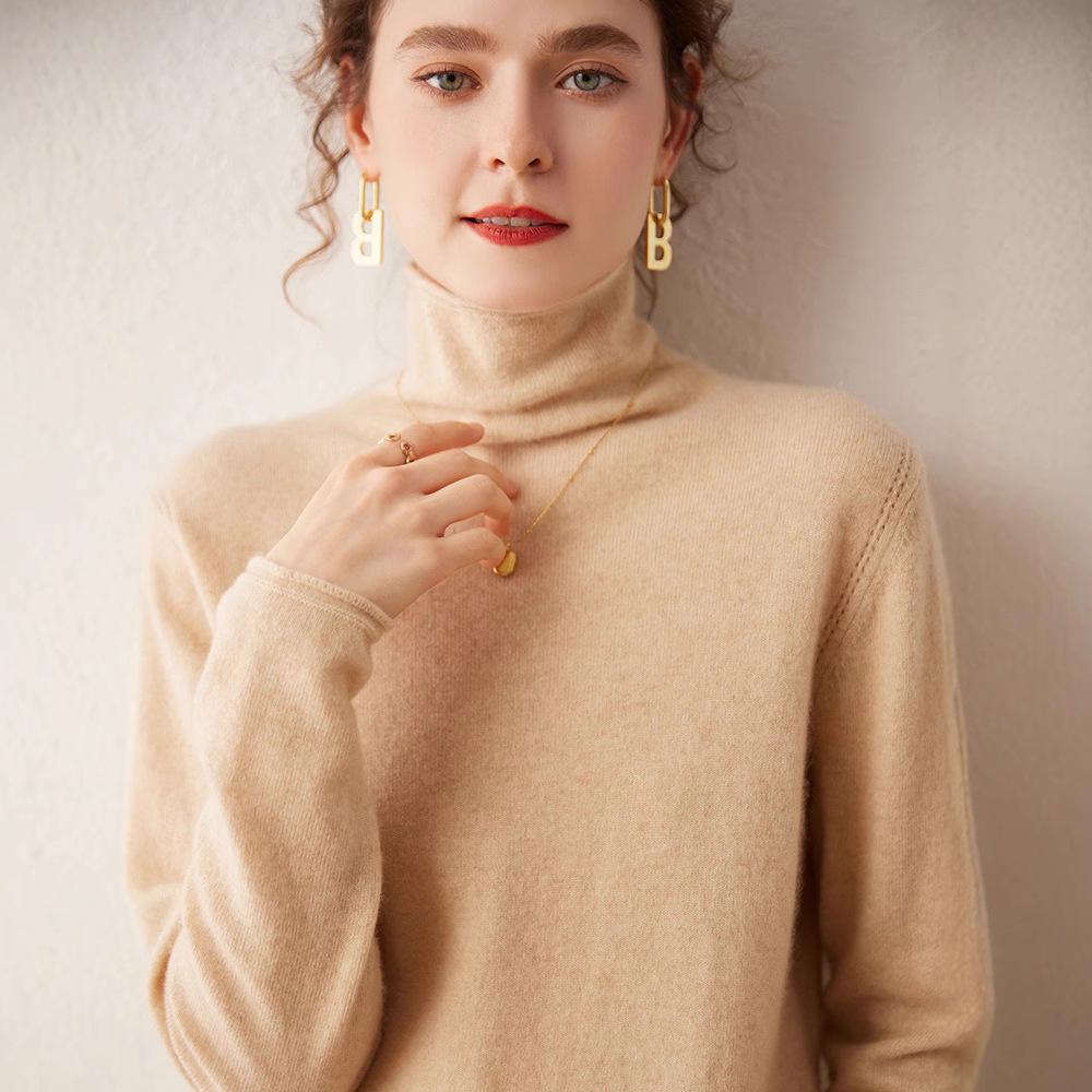 2024 Women's Pure Cashmere High Neck Sweater - Solid Color, Soft, Slimming Knit Base Layer
