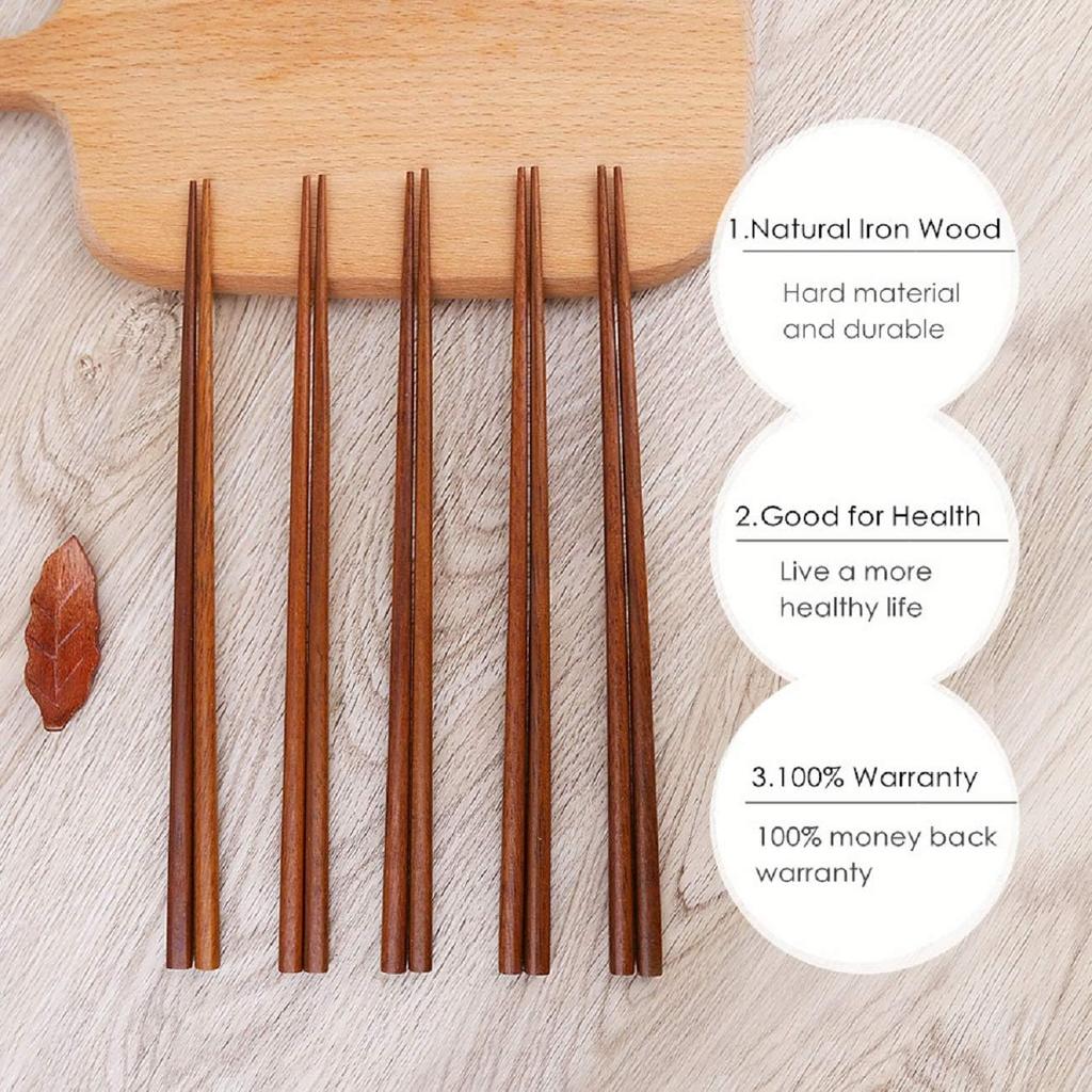 Wooden Chopsticks Reble Dishwasher Safe 10 Pairs Chinese Asian Korea Iron Wood Handmade Chopstick Natural Healthy for Cooking Eating Restaurants