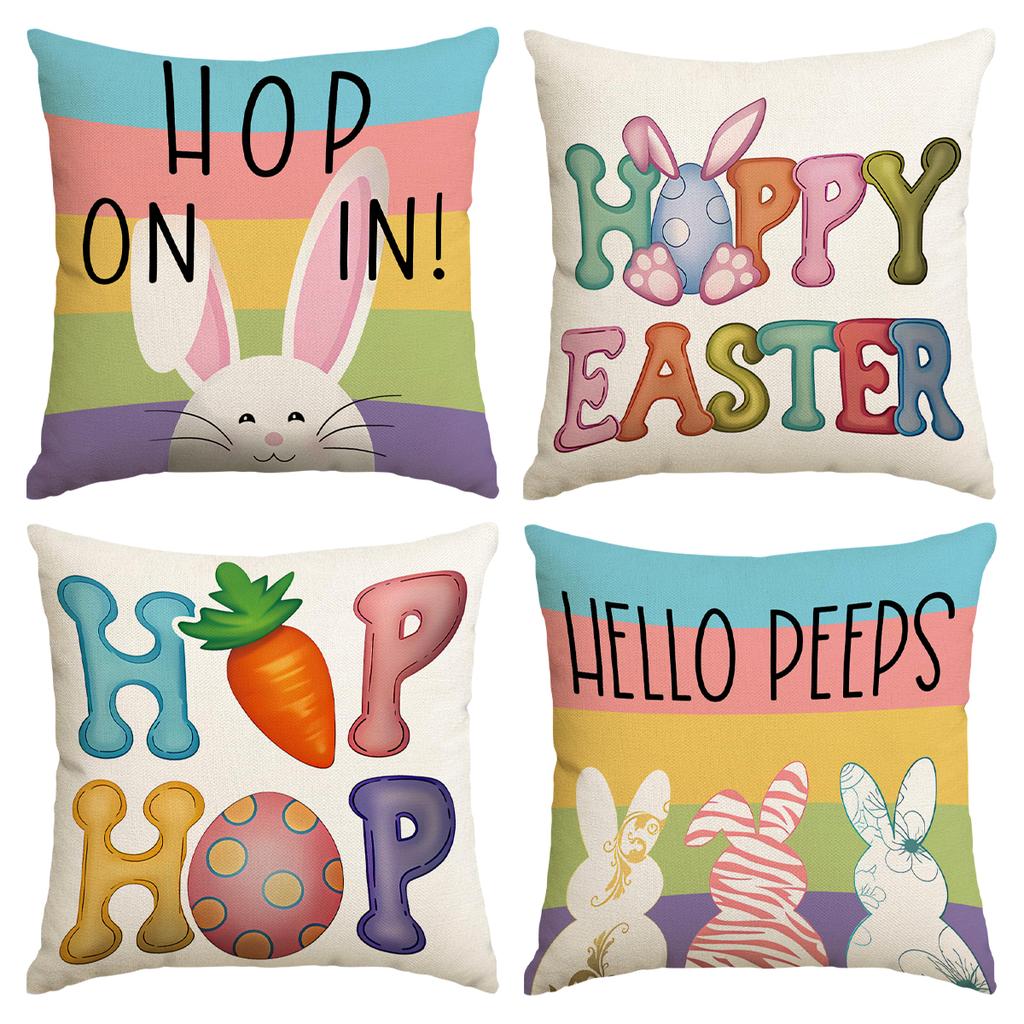 4Pcs Happy Easter Pillowcase, Watercolor Rabbit Easter Egg Dwarf Printed Pillowcase, Easter Party Decoration Sofa Cushion Cover