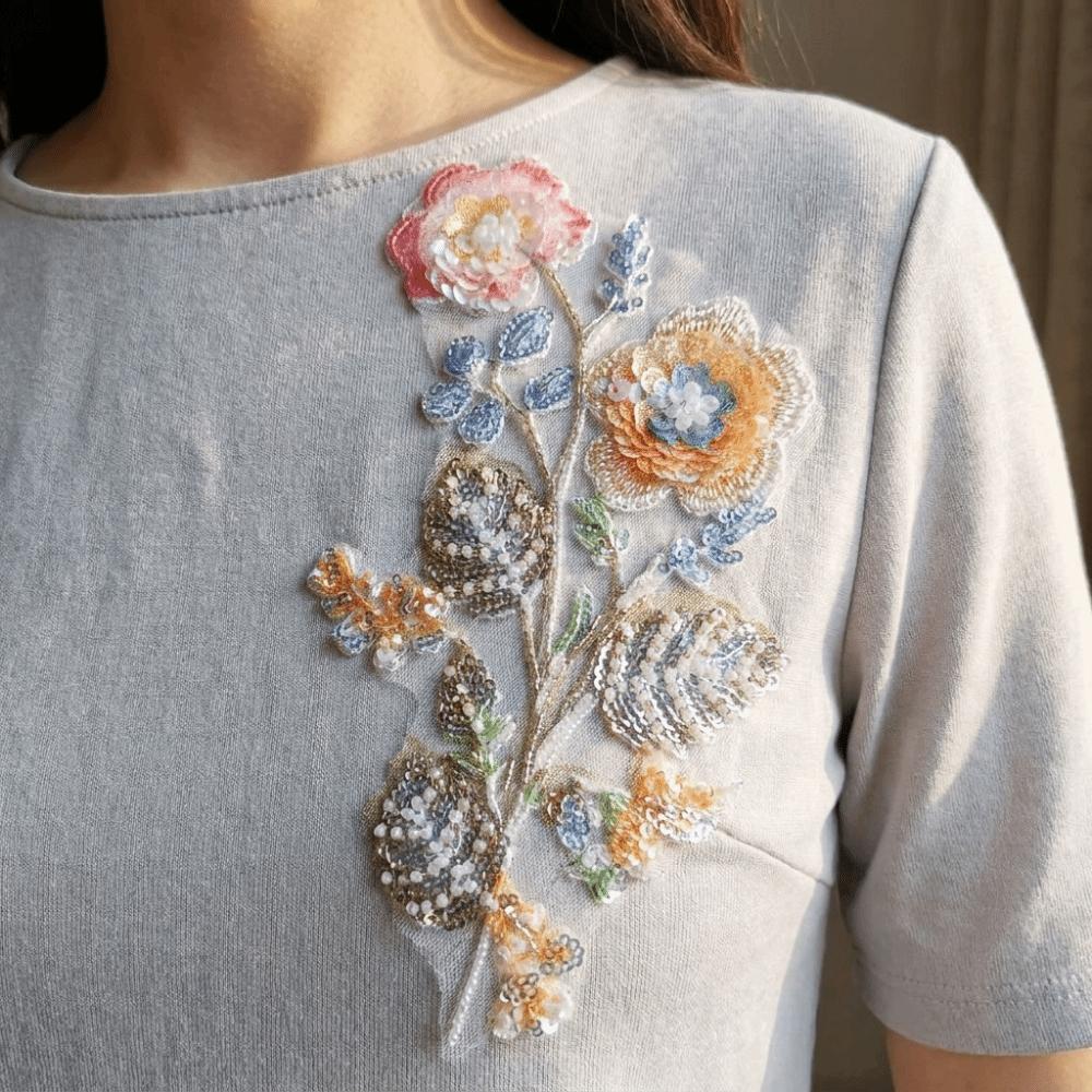 Large Flower Embroidery Lace Appliques Beaded Sequin Pearl Lace Applique Patches Cloth