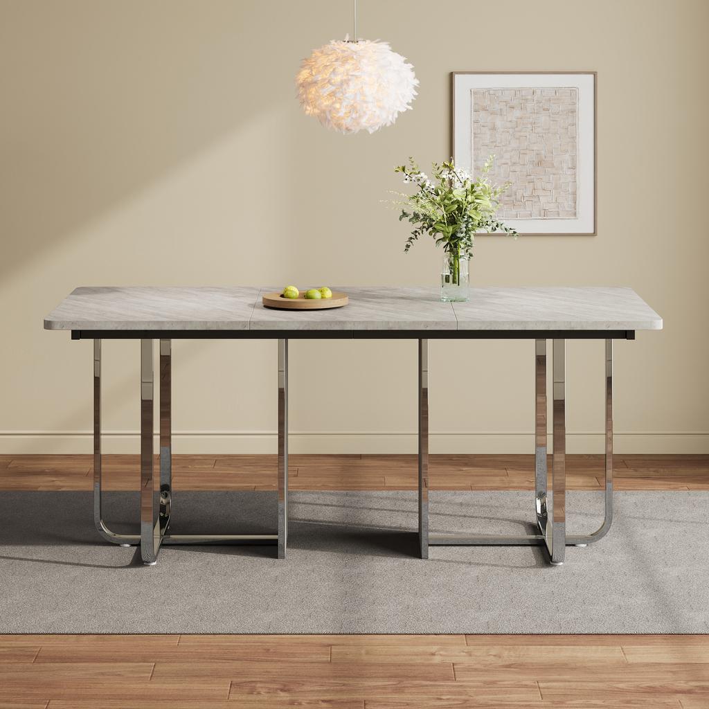 Esstisch, L180*B80*H75cm, Moderner stabiler großer rechteckiger Esstisch für 6 Personen, Metallbeine, Grau + Silber