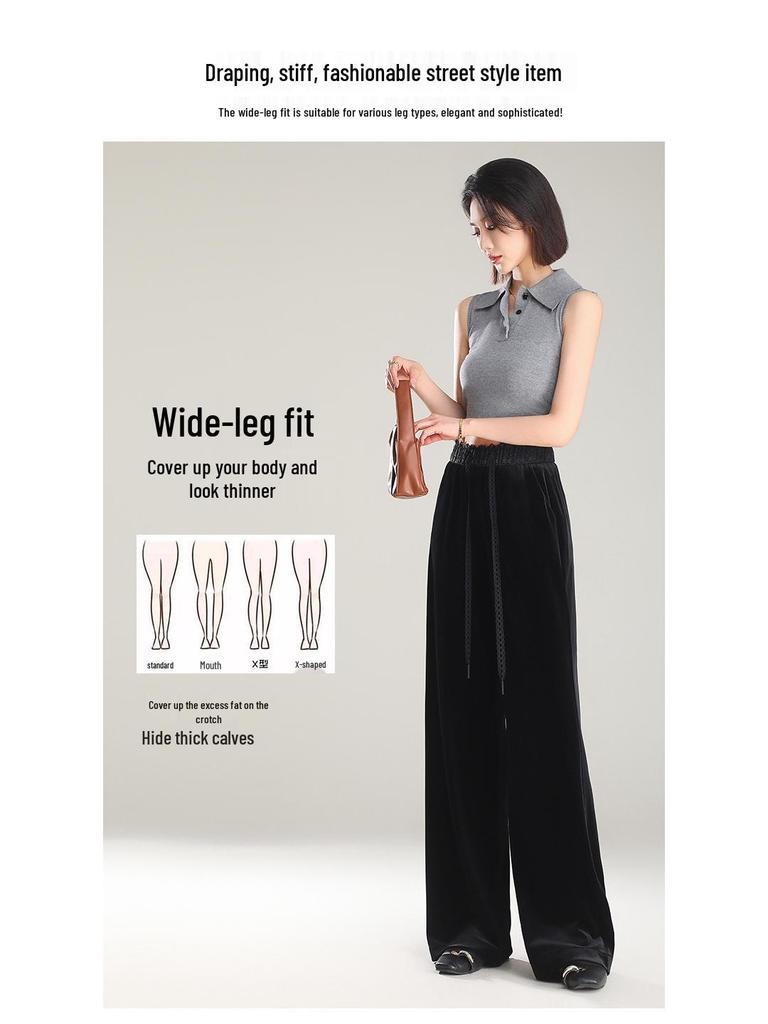 Women's High-Waist Golden Velvet Wide-Leg Pants - Spring/Summer 2026 Collection, Fashionable Black Drapey Casual Style.