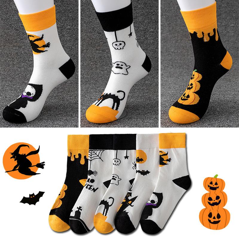 Warm Autumn Winter Halloween Cartoon Funny Socks Pumpkin Witch Motif Design Mid Tube Sports Socks Versatile for Men and Women