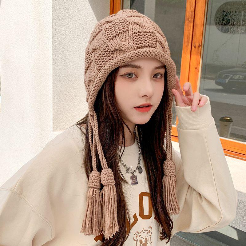 Ear Protection Wool Hat Female Versatile Knitting Tassel Plait Hat Autumn Winter Ladies Tassels Hat